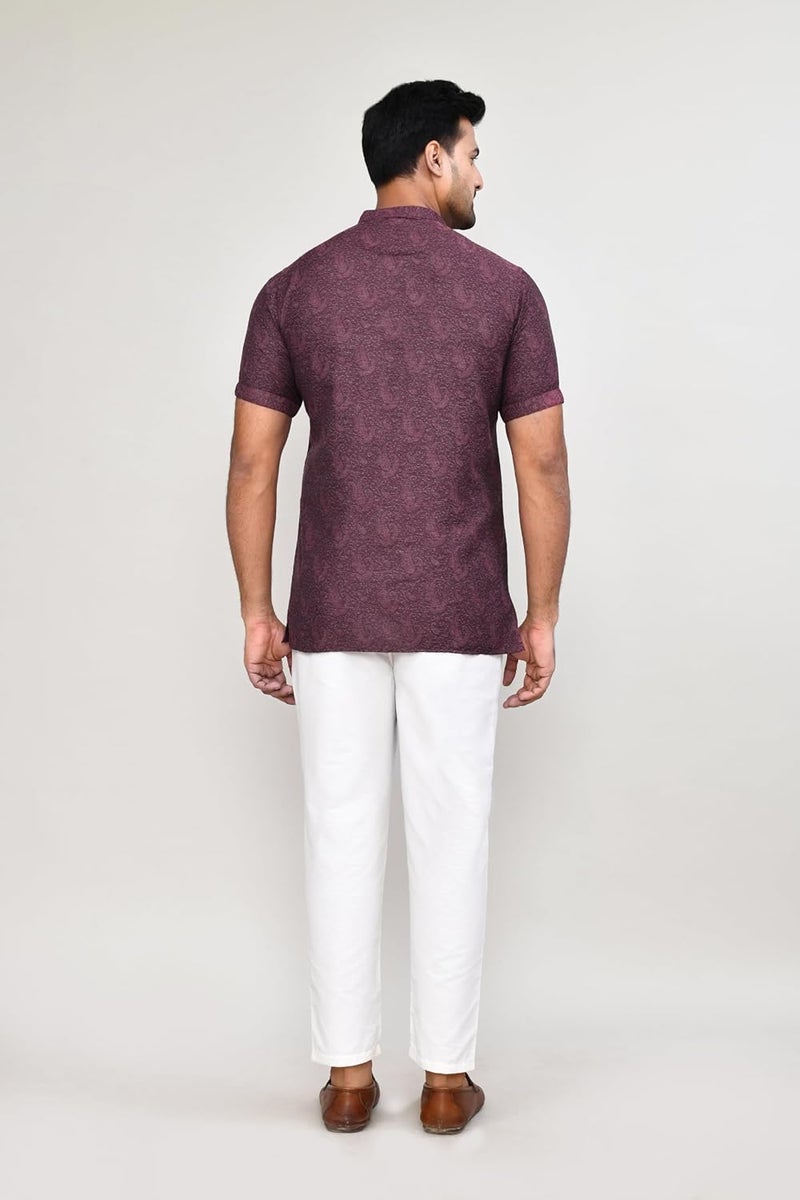 POLY2FAB Hathkargha Men’s Short Sleeve Kurta with All-Over Paisley Print, Mandarin Collar & Button Placket - Image 2
